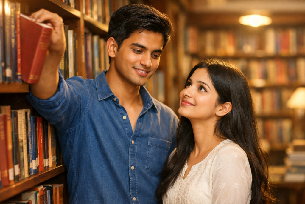 college-library-romantic-moment-helping-reach-book
