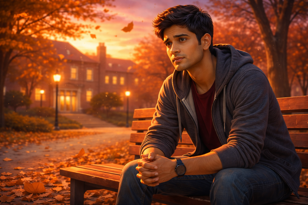 college-boy-waiting-campus-bench-sunset-emotional