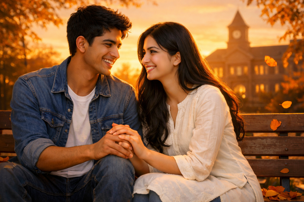 college-couple-happy-moment-sunset-campus-romance