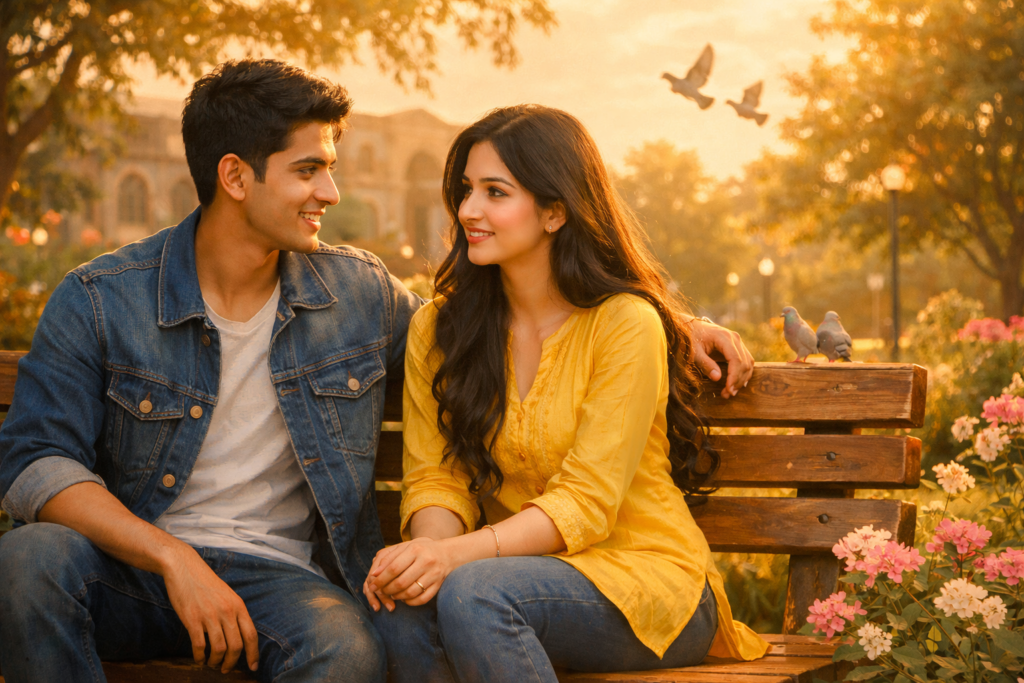 college-garden-bench-couple-evening-romantic-talk
