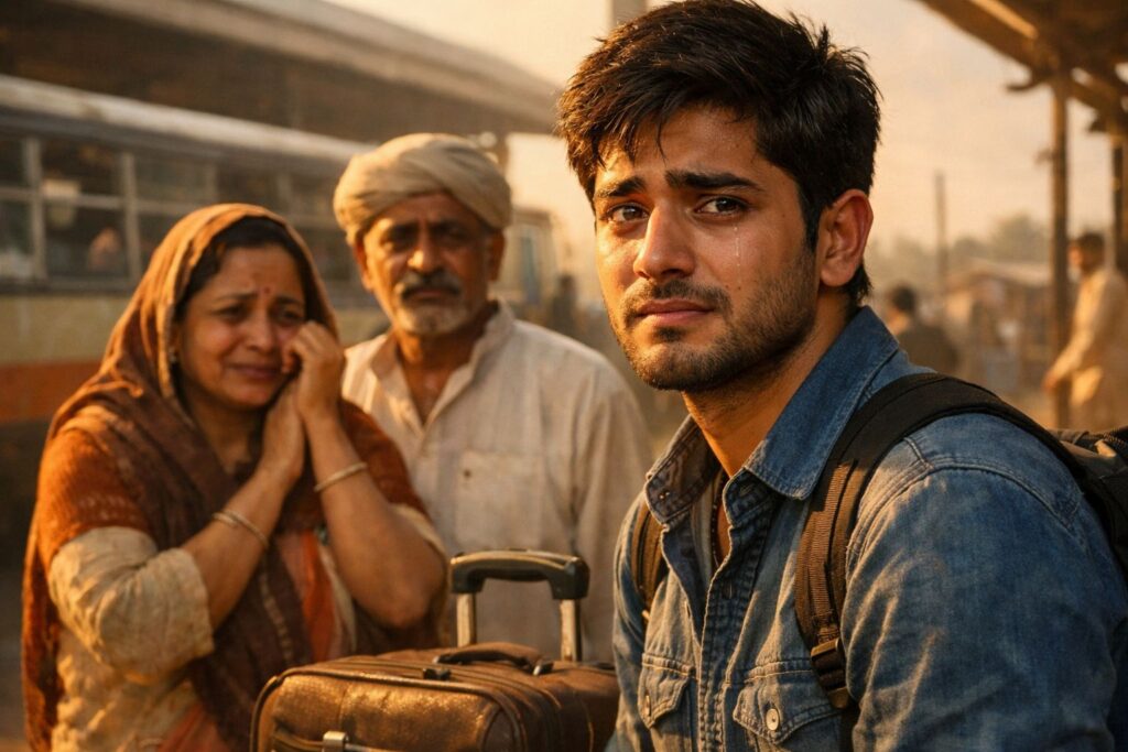 "घर से दूर कमाने वाला परदेसी लड़का अपने गाँव को छोड़ते हुए, भावुक और दिल को छू लेने वाला दृश्य"
