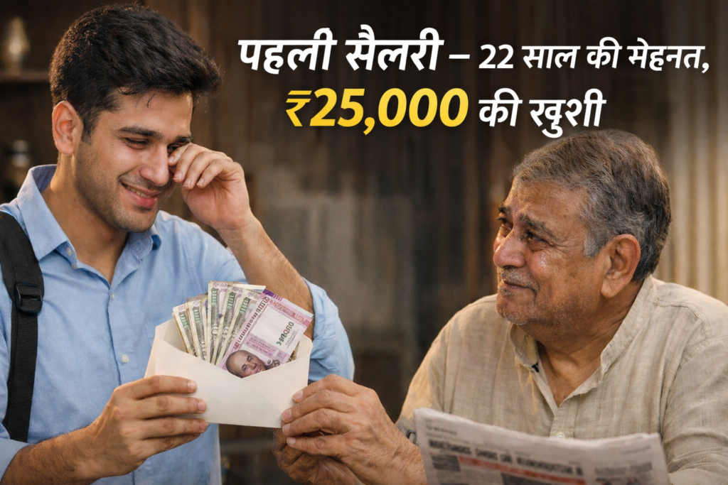 "जवान बेटे की पहली सैलरी ₹25,000 पिता को देते हुए, खुशी और गर्व का पल।"