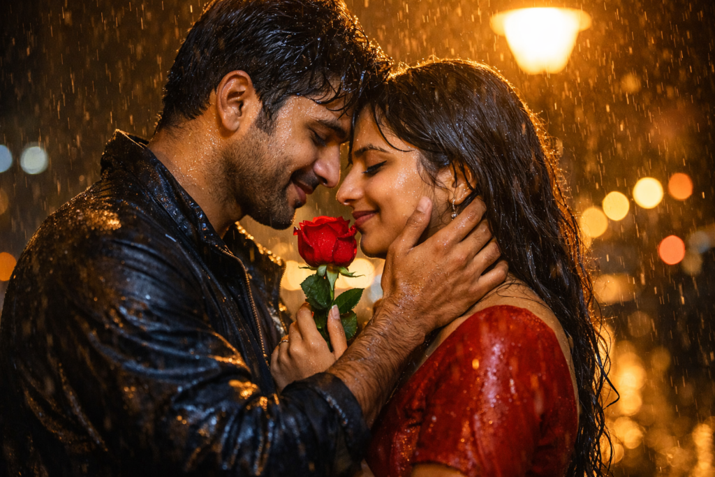 Romantic couple in rain with red rose Valentine 2026