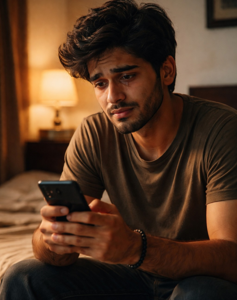 "घर से दूर परदेसी युवक माँ से फोन पर बात करते हुए, भावुक और दिल को छूने वाला पल"