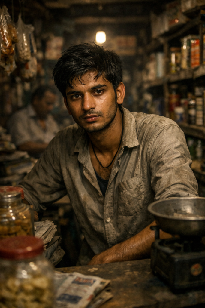 "परदेसी भारतीय युवक काम करते हुए, मेहनत और संघर्ष का भावुक दृश्य, घर से दूर"