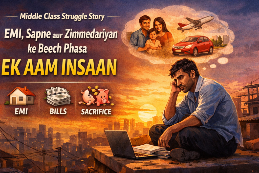 Middle class aadmi sunset mein chhat par baitha, laptop ke saath pareshaan sochta hua, background mein EMI, bills aur family sapno ka concept.
